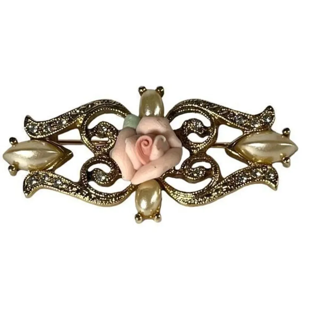 Vintage Gold  Pink Rose Faux Seed Pearl Brooch Pin Ceramic‎ Flower